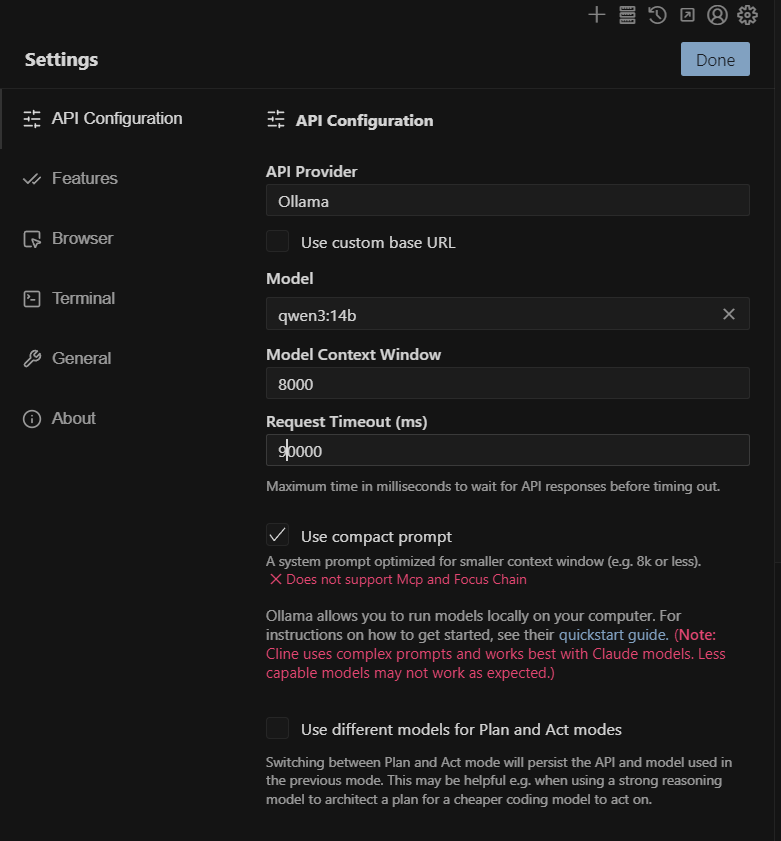 Cline settings showing the Request Timeout field with the default value of 30000
