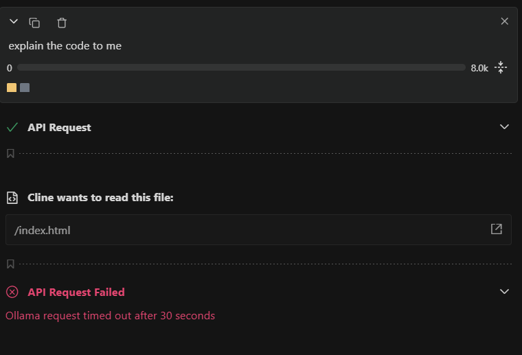 Cline showing the timeout error message after attempting to process a prompt