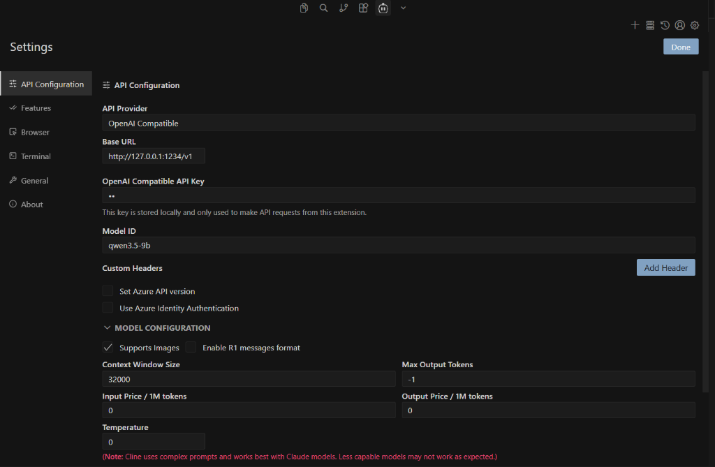 Cline configured to use the LM Link localhost endpoint