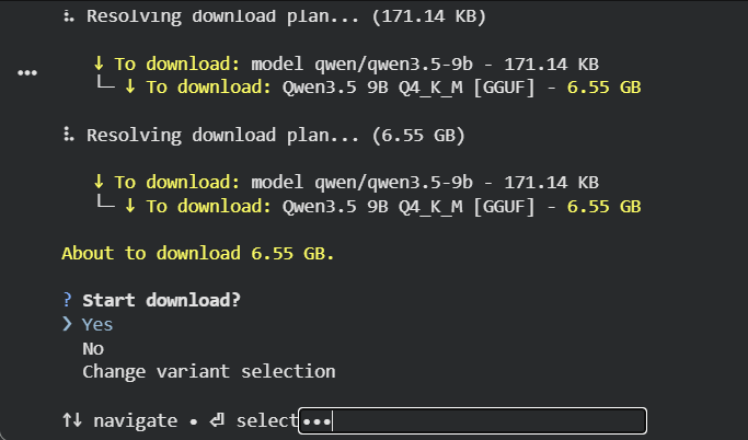 Colab input box prompting to start the model download