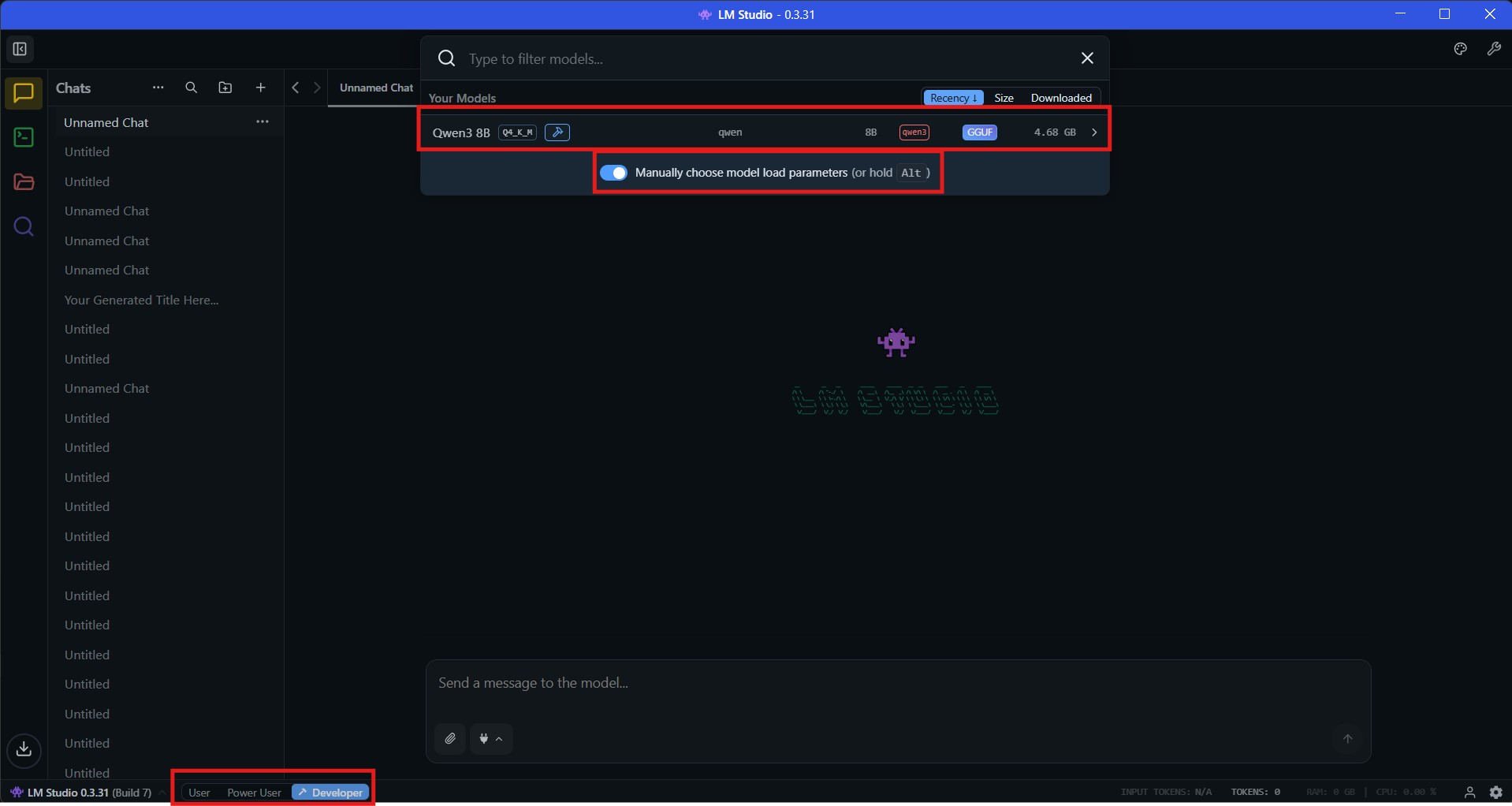 Load local llm with custom parameters in LM Studio 