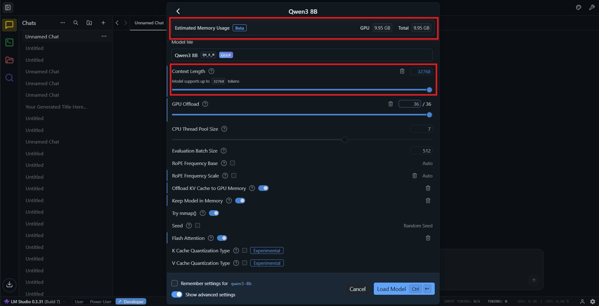 Select custom custom parameters in LM Studio before loading the model
