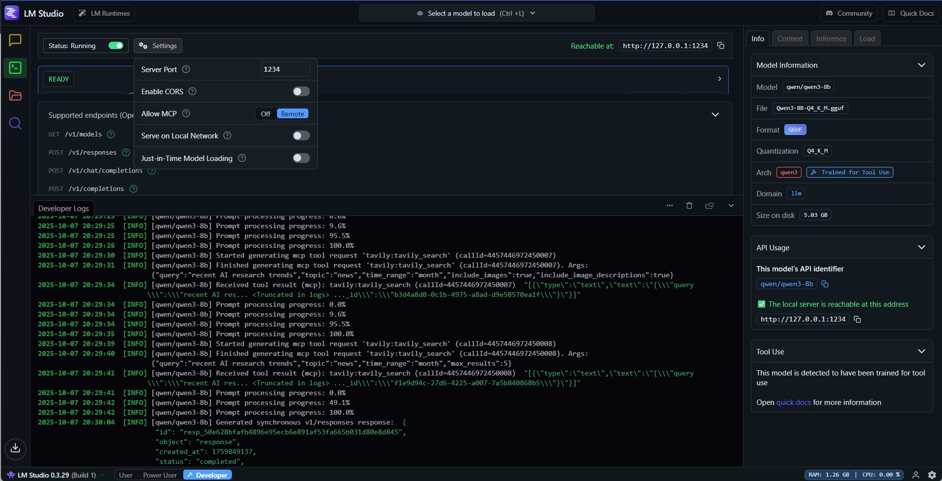 LM Studio Developer Backend Logs - API Integration Tavily MCP Server Logs Display