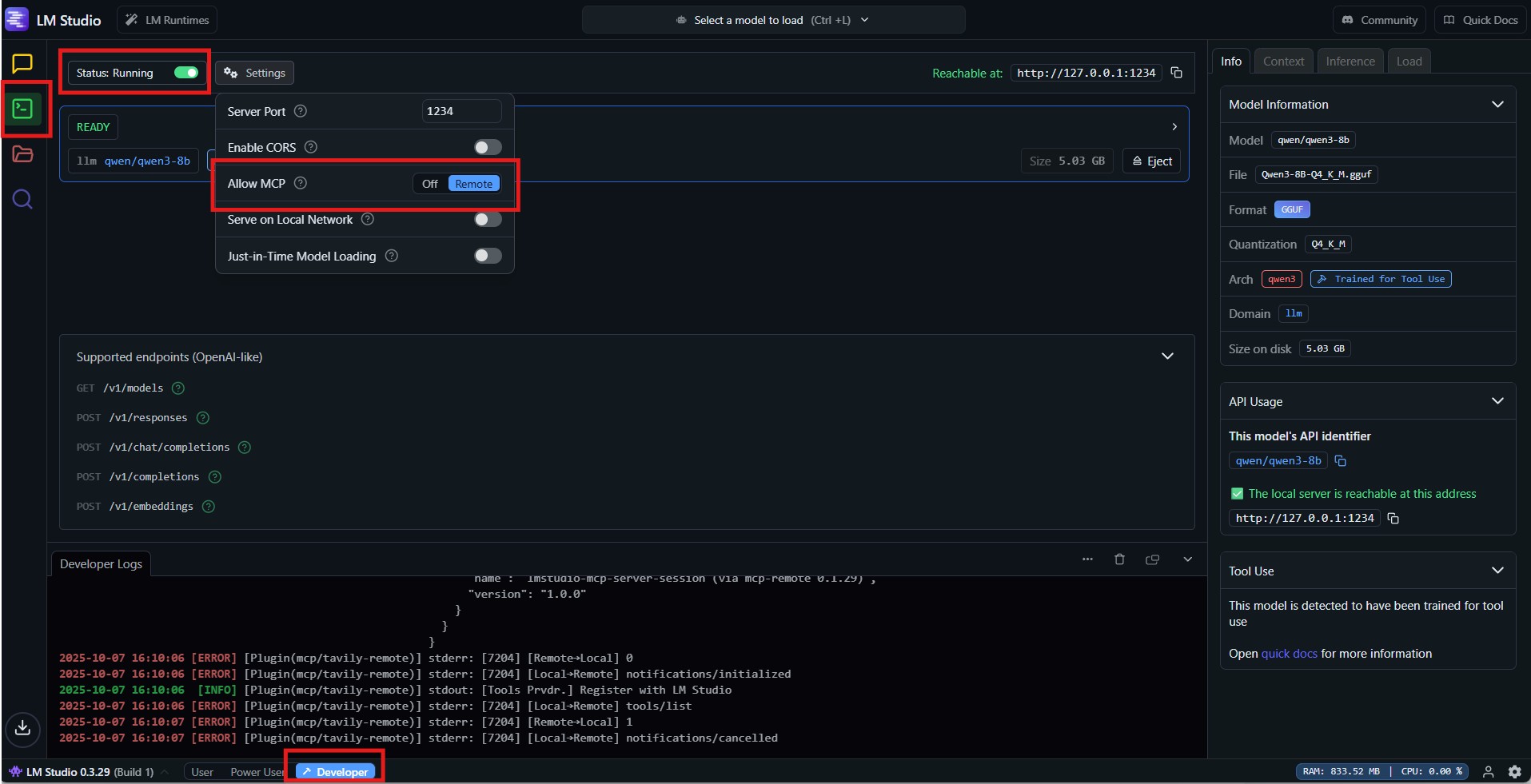 LM Studio Developer Mode Settings - Enable Server and Remote MCP for API Integration