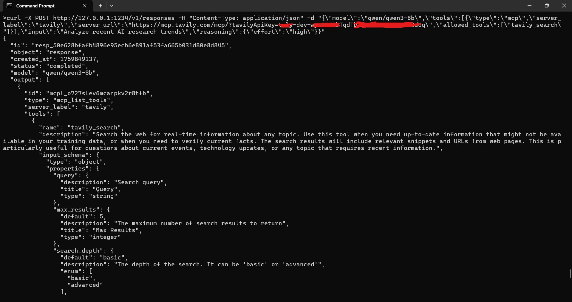 LM Studio Tavily Search MCP OpenAI API Response - Curl Command Output with Reasoning and Search Results