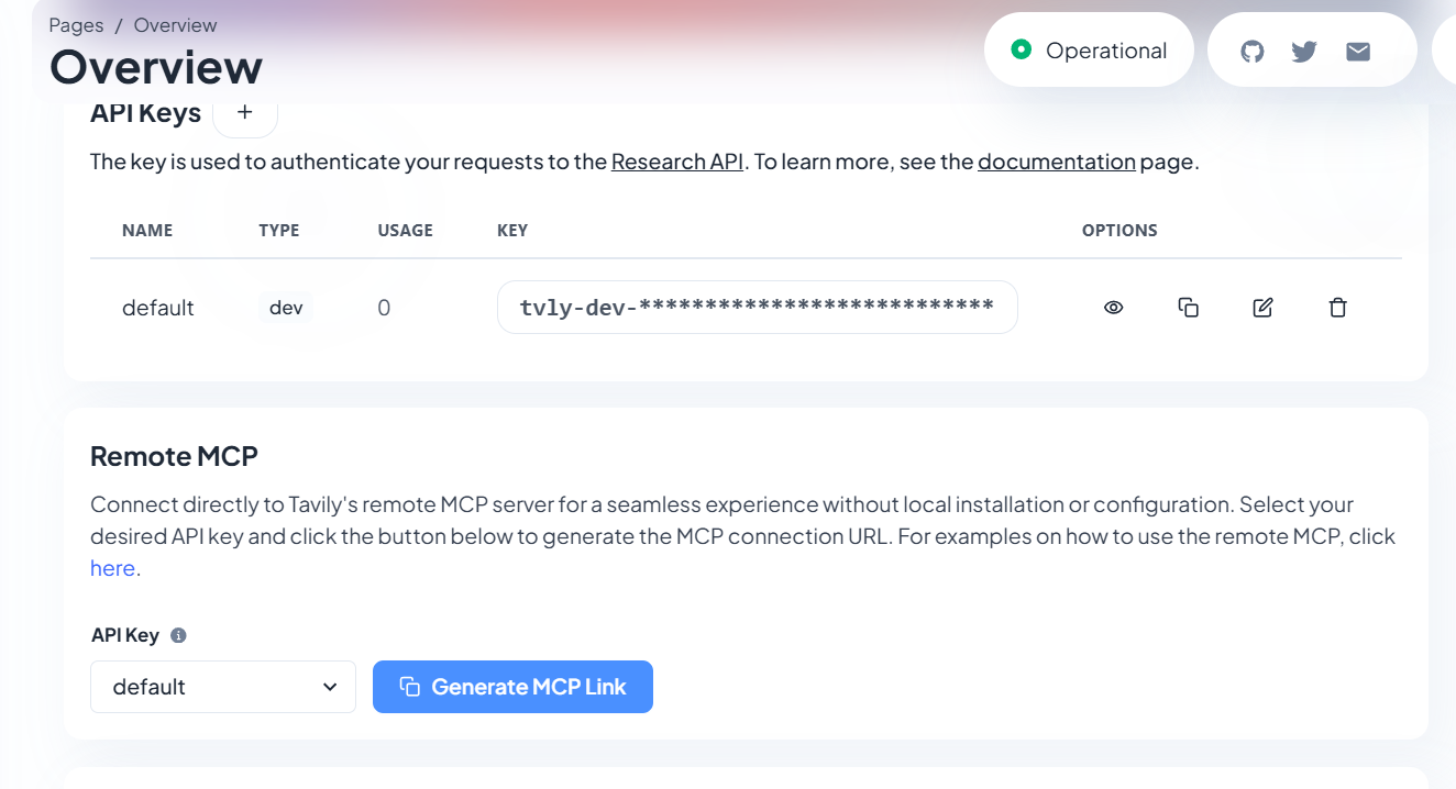 Tavily API signup and generate MCP link steps for LM Studio web search integration