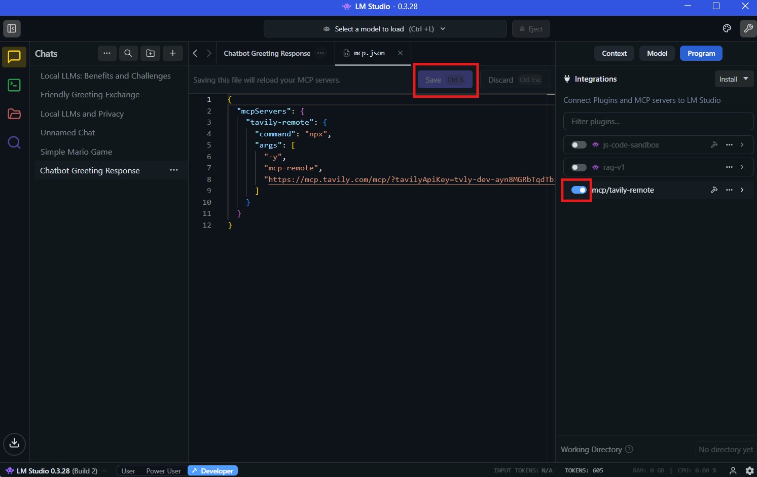 Save mcp.json configuration and enable Tavily MCP server in LM Studio settings