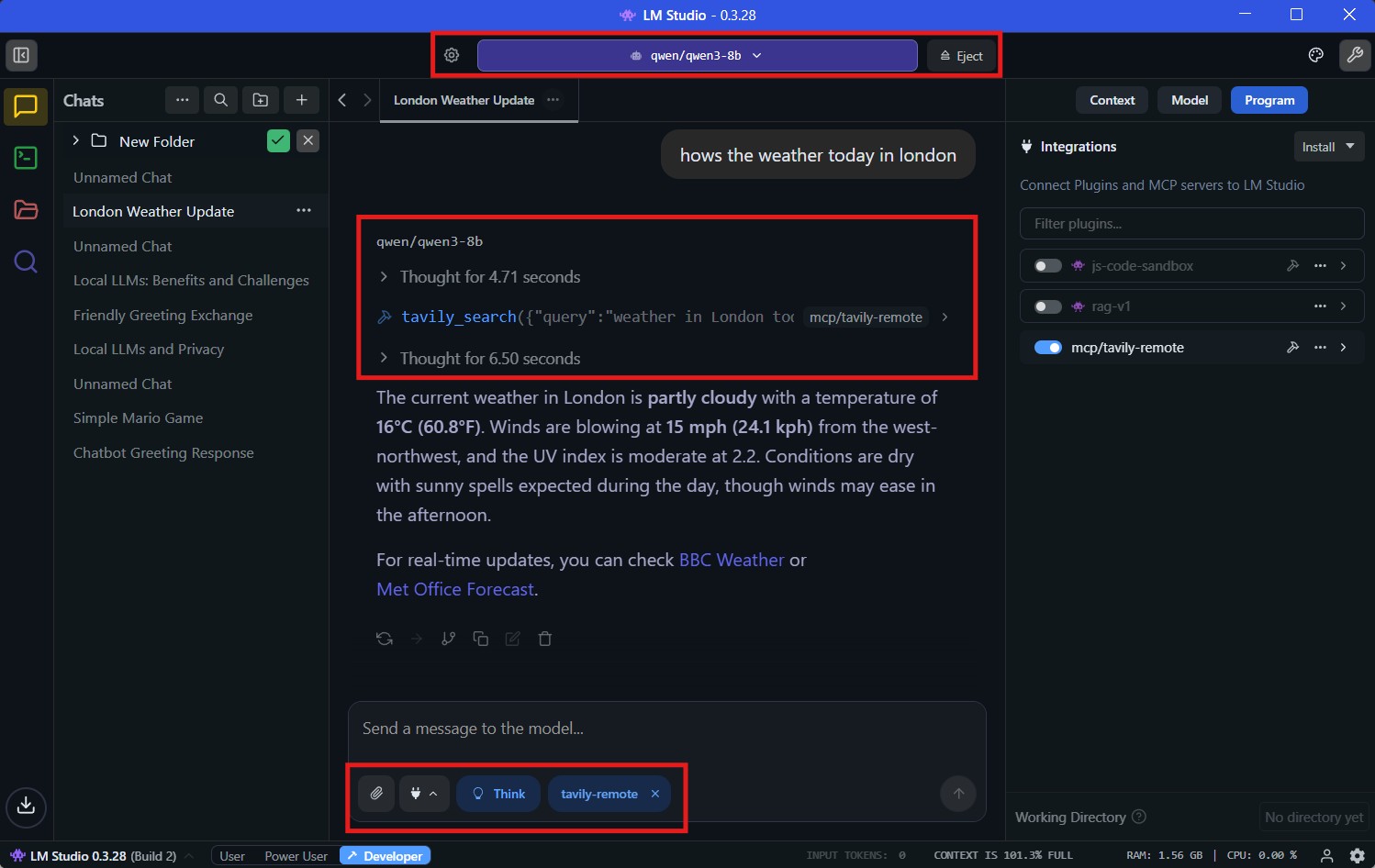 Load function calling model and test Tavily MCP web search in LM Studio chat interface