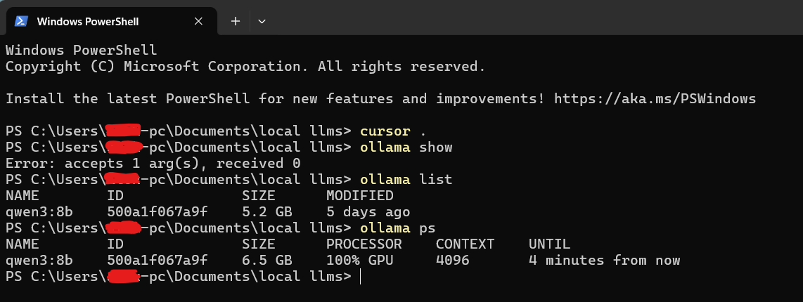 Ollama ps command output showing current model context length and memory usage