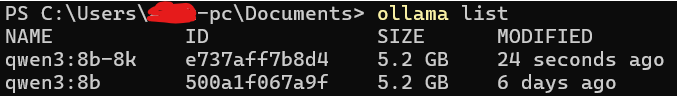 showing the ollama list command output displaying both the original qwen3:8b and new custom qwen3:8b-8k model