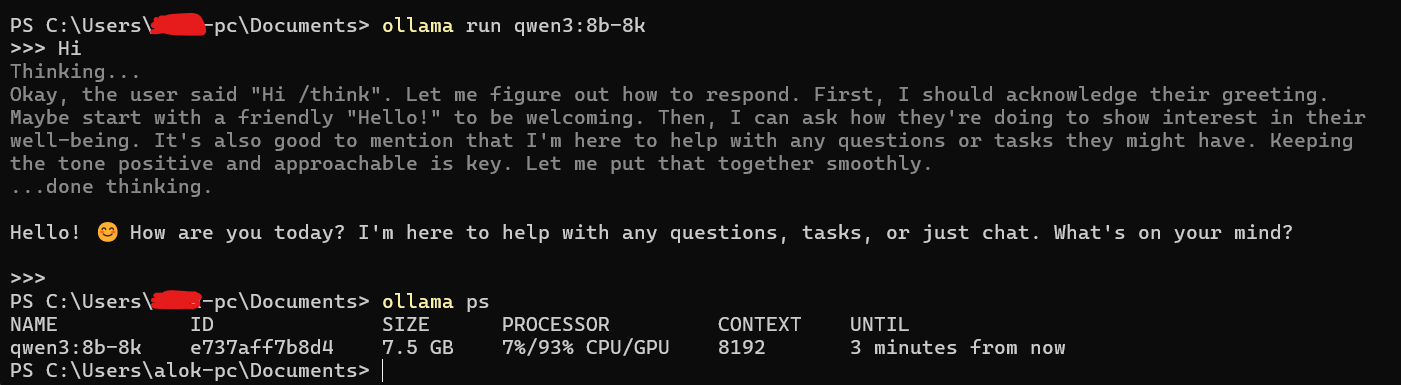 running the newly created qwen3:8b-8k custom model with 8192 token context window ready for use