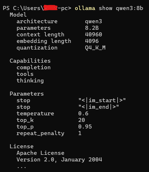 Ollama show command output displaying model context length and embedding dimensions