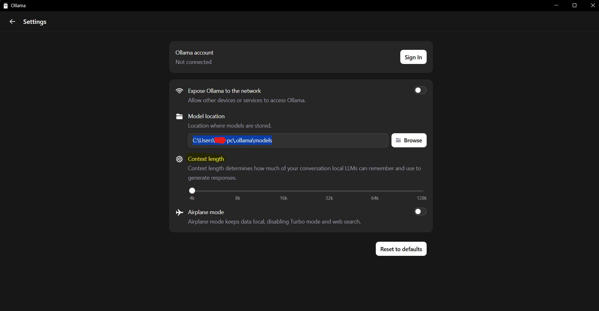 Ollama GUI Windows Context window, context length settings