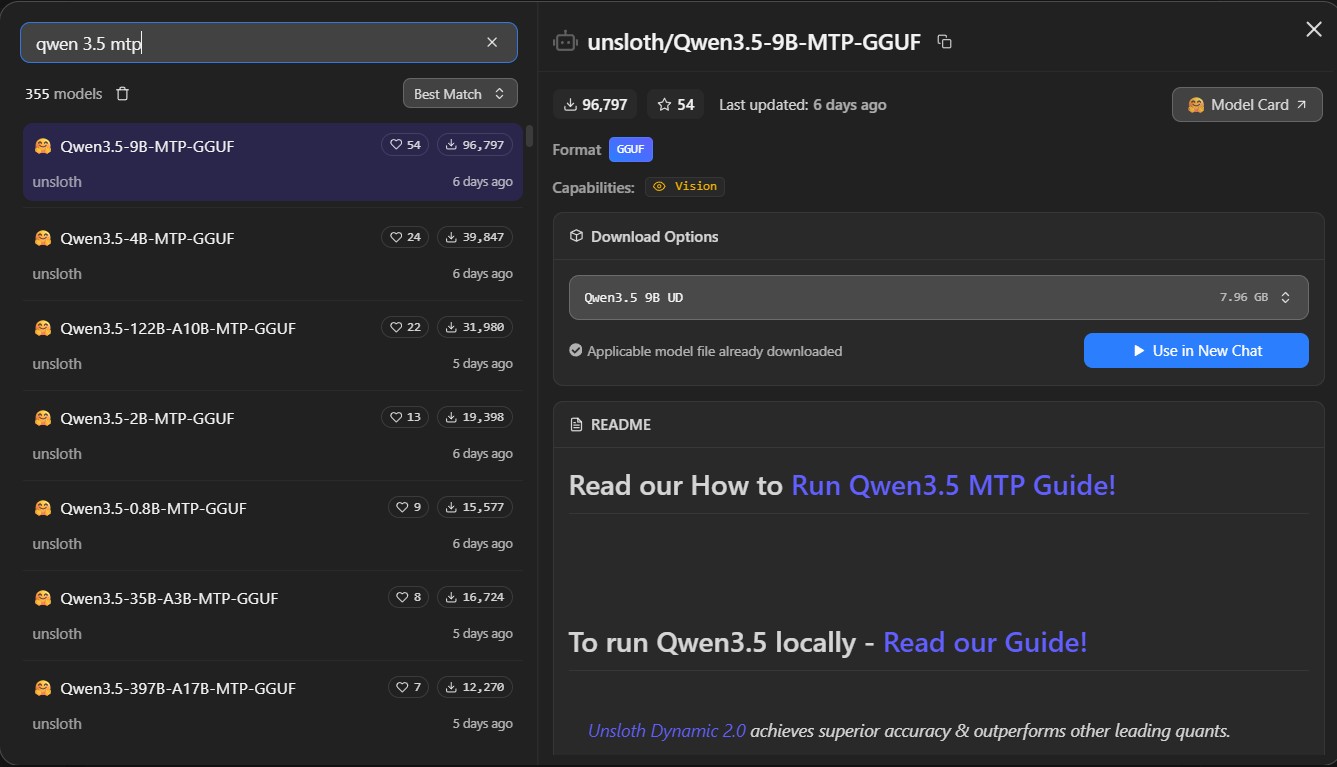 Searching for Unsloth MTP enabled GGUF models in LM Studio's built-in model browser