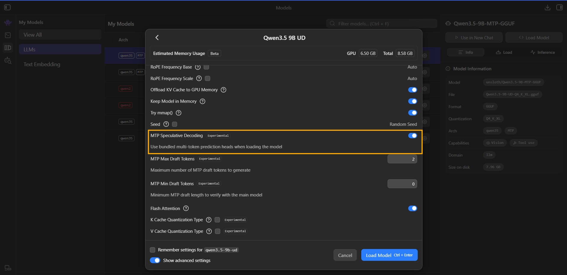 Enabling the MTP Speculative Decoding toggle in LM Studio's Load Model settings panel