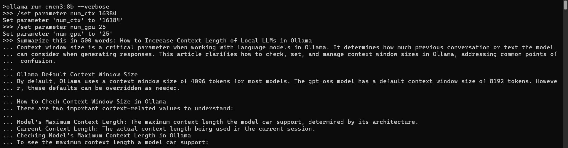 Ollama Manual Layer Control Test - num_gpu 25 Command Sequence and Performance Results