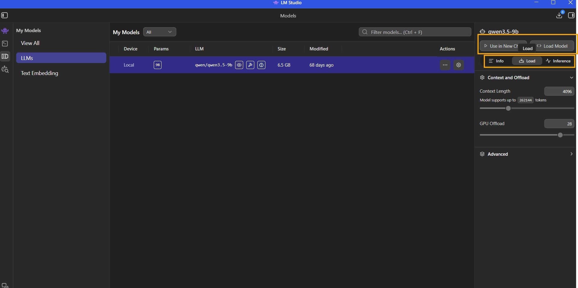 LM Studio chat interface and model loading settings