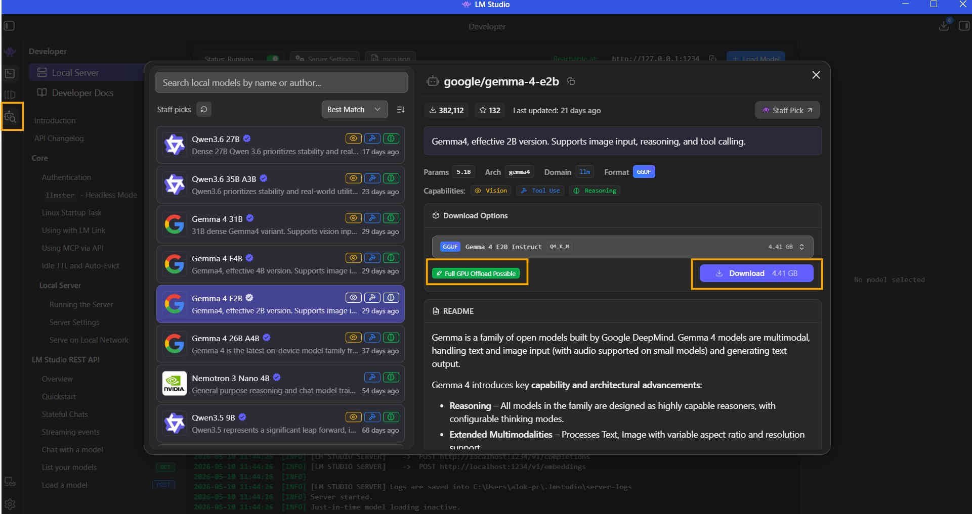 LM Studio Model Search Interface showing GPU offload capability