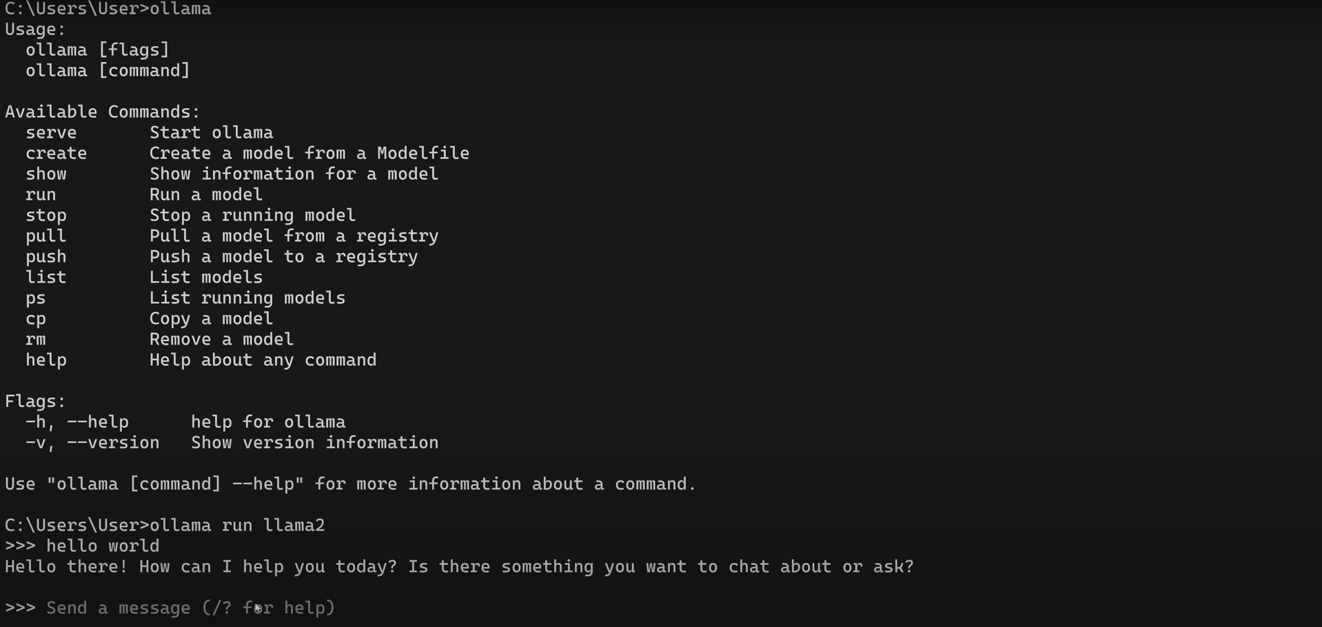 Ollama running on Windows Terminal